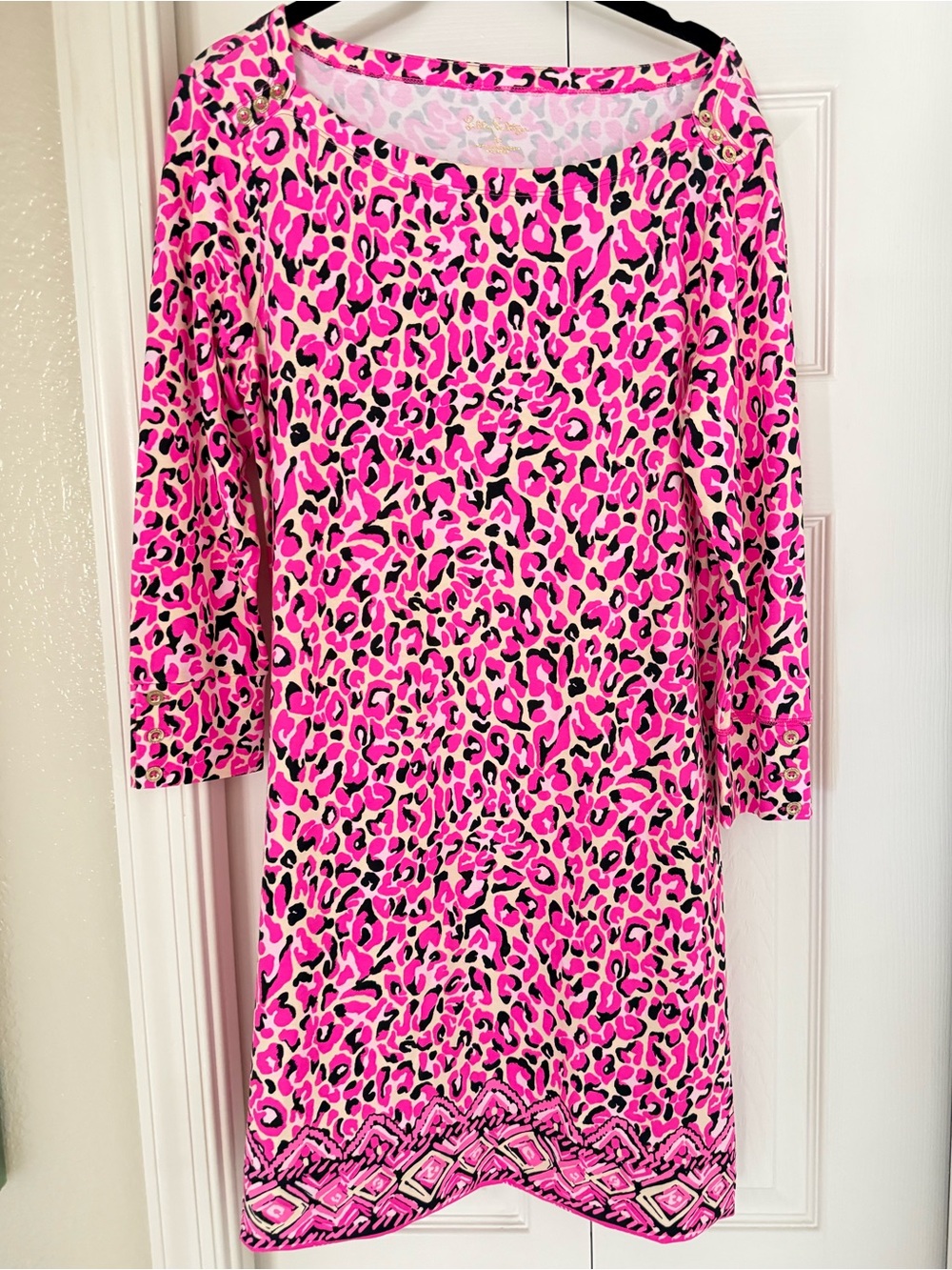 Never Worn Lilly Pulitzer Pink Leopard-Print Shift Dress w/Gold Button Detailing